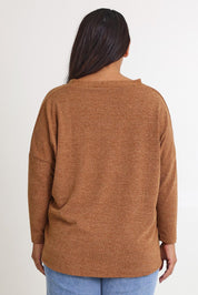 Model Ashleigh wearing size 16 of the My Boyfriends Slouch Cardi in colour Coffee, from the back