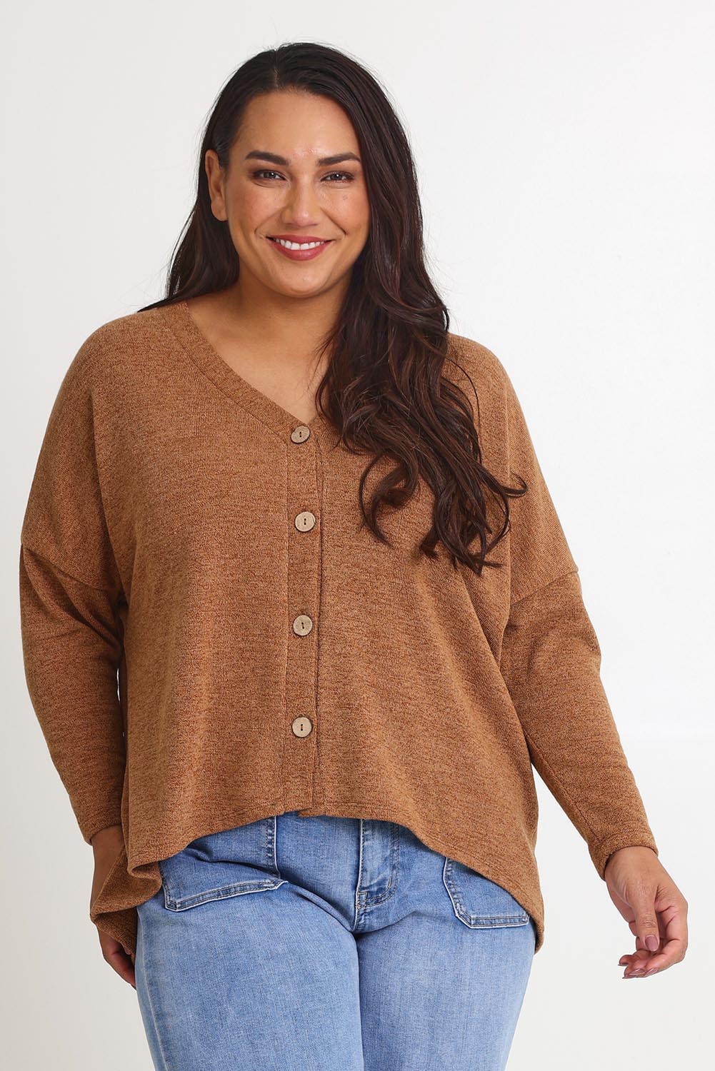 Model Ashleigh wearing size 16 of the My Boyfriends Slouch Cardi in colour Coffee, from the front, cropped image