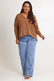 Model Ashleigh wearing size 16 of the My Boyfriends Slouch Cardi in colour Coffee, from the front, showing the whole outfit
