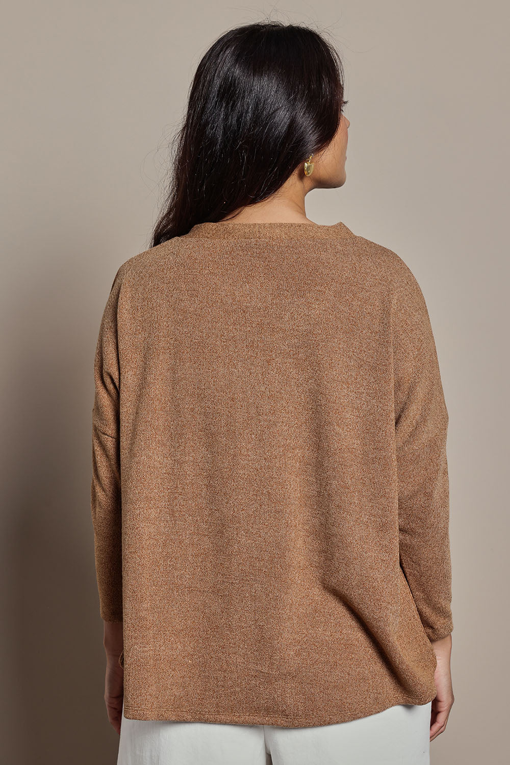 Model Tahnee wearing size 10 of the My Boyfriends Slouch Cardi in colour Coffee, from the back