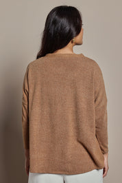 Model Tahnee wearing size 10 of the My Boyfriends Slouch Cardi in colour Coffee, from the back