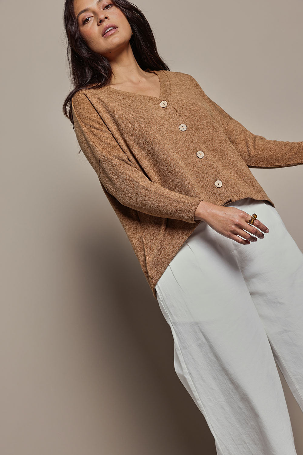 Model Tahnee wearing size 10 of the My Boyfriends Slouch Cardi in colour Coffee, from the front, showing the whole outfit