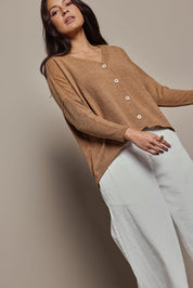 Model Tahnee wearing size 10 of the My Boyfriends Slouch Cardi in colour Coffee, from the front, showing the whole outfit