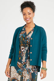 Model Noli wearing size 14 of the My Boyfriends Slouch Cardi in colour Deepteal (Blue), from the front, cropped image