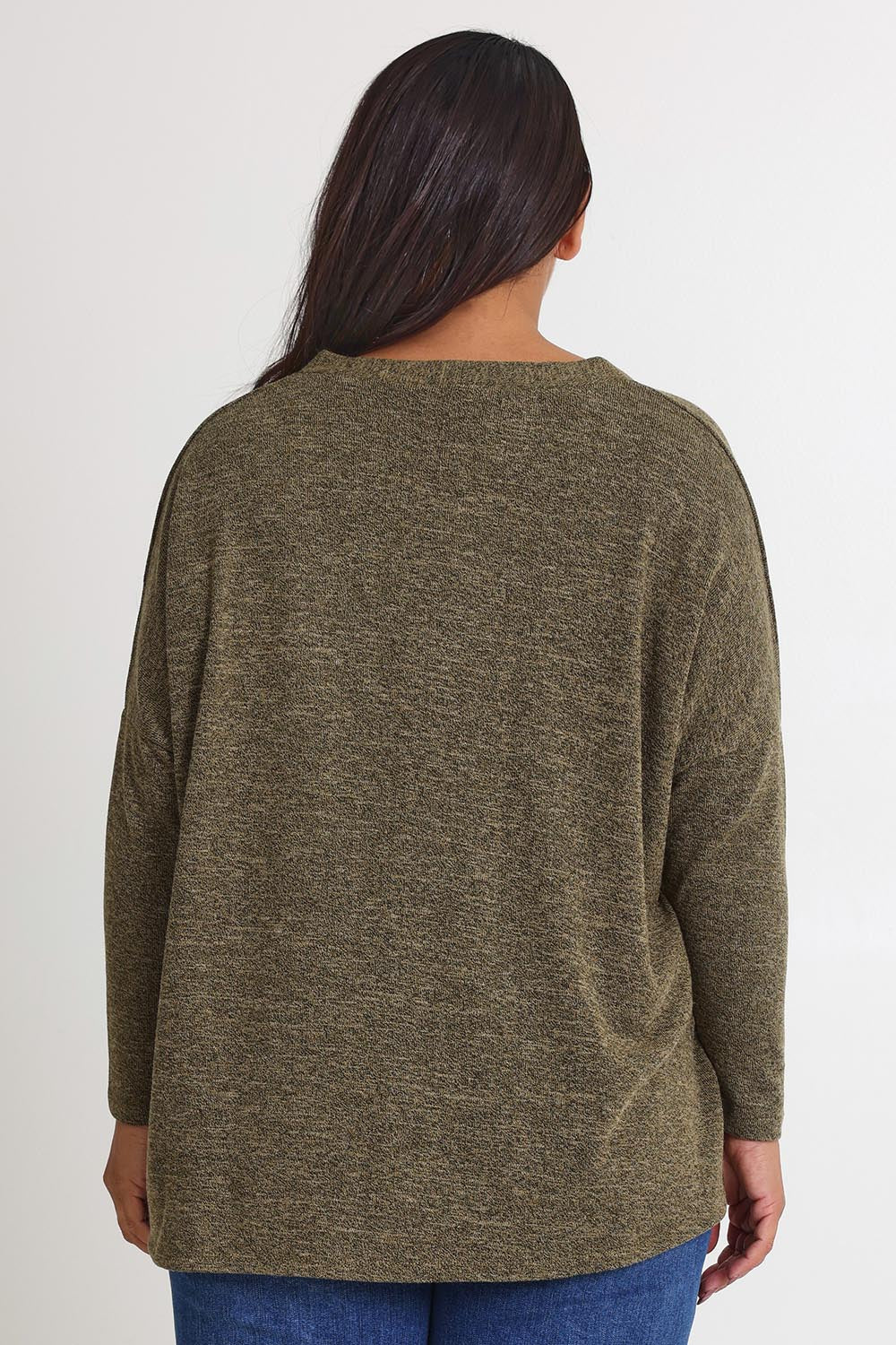Model Ashleigh wearing size 16 of the My Boyfriends Slouch Cardi in colour Gum (Green), from the back