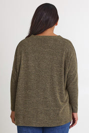 Model Ashleigh wearing size 16 of the My Boyfriends Slouch Cardi in colour Gum (Green), from the back