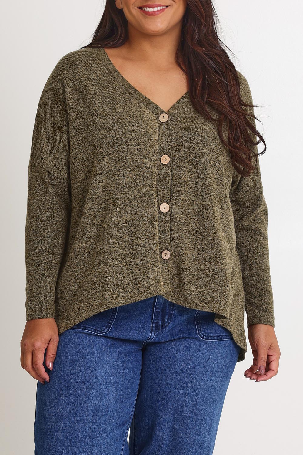Model Ashleigh wearing size 16 of the My Boyfriends Slouch Cardi in colour Gum (Green), from the front, cropped image