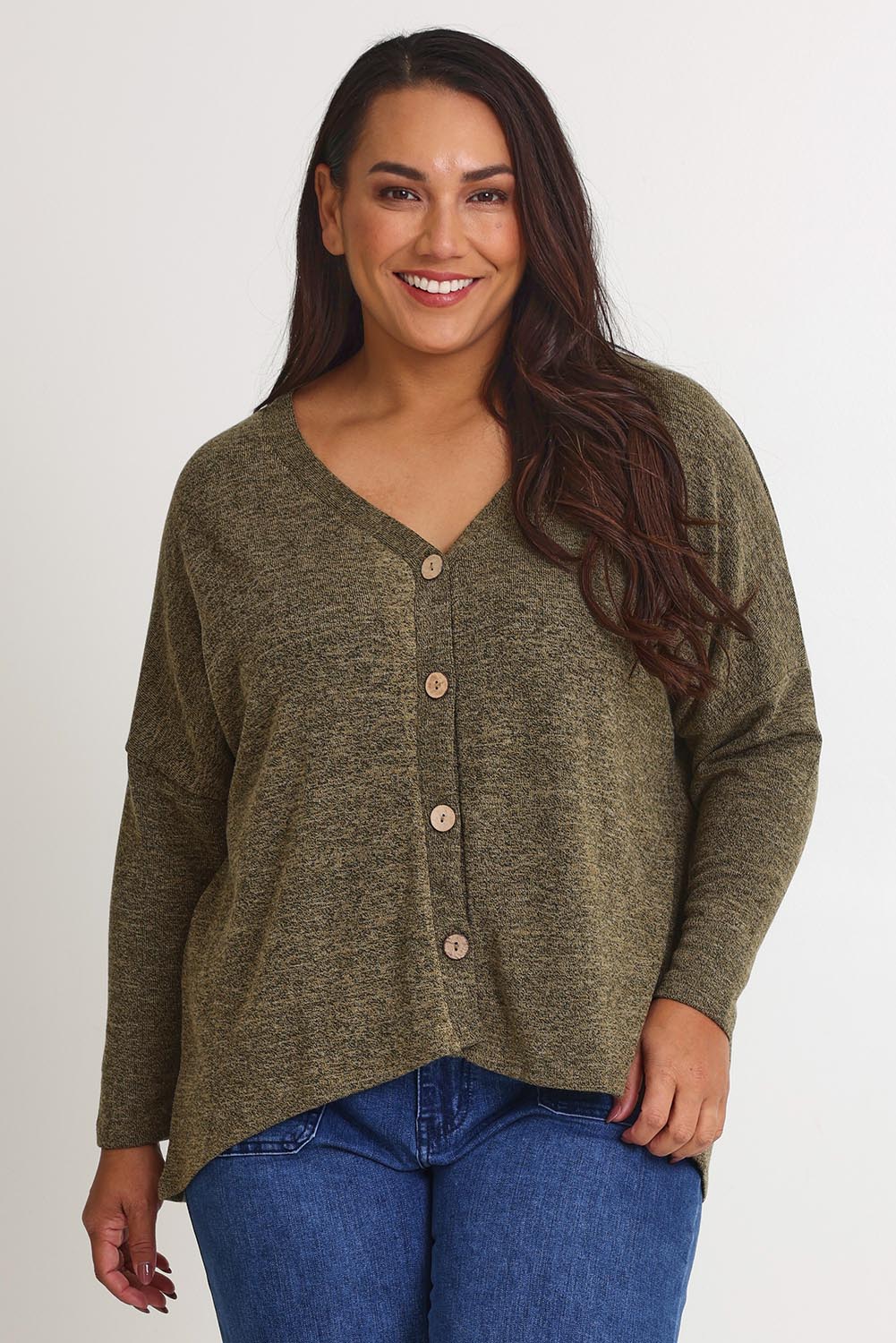 Model Ashleigh wearing size 16 of the My Boyfriends Slouch Cardi in colour Gum (Green), from the front, cropped image