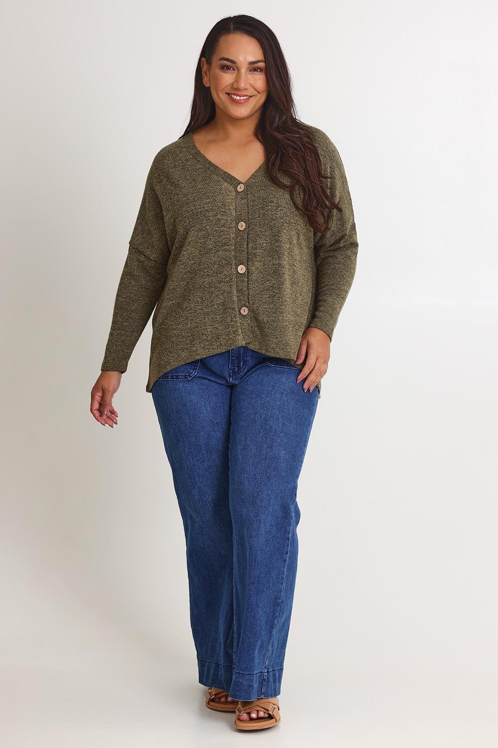 Model Ashleigh wearing size 16 of the My Boyfriends Slouch Cardi in colour Gum (Green), from the front, showing the whole outfit