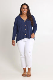 Model Ashleigh wearing size 16 of the My Boyfriends Slouch Cardi in colour Indigo (Blue), from the front, showing the whole outfit