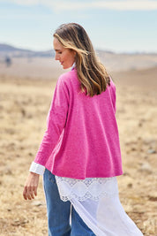 Model Tegan wearing size 10 of the My Boyfriends Slouch Cardi in colour Magenta (Pink), from the front, showing the whole outfit