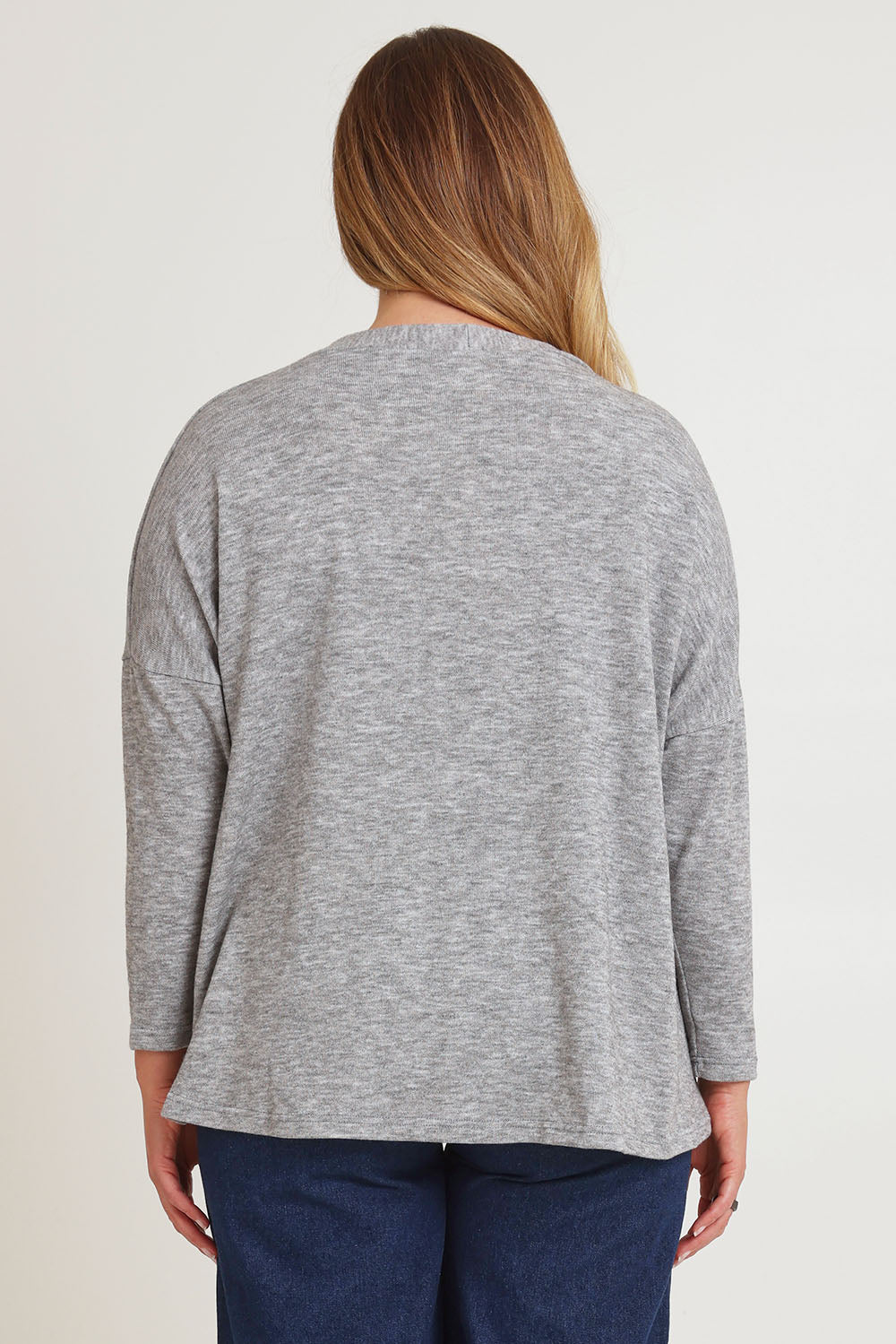 Model Chanel wearing size 16 of the My Boyfriends Slouch Cardi in colour Marlgrey (Grey), from the back