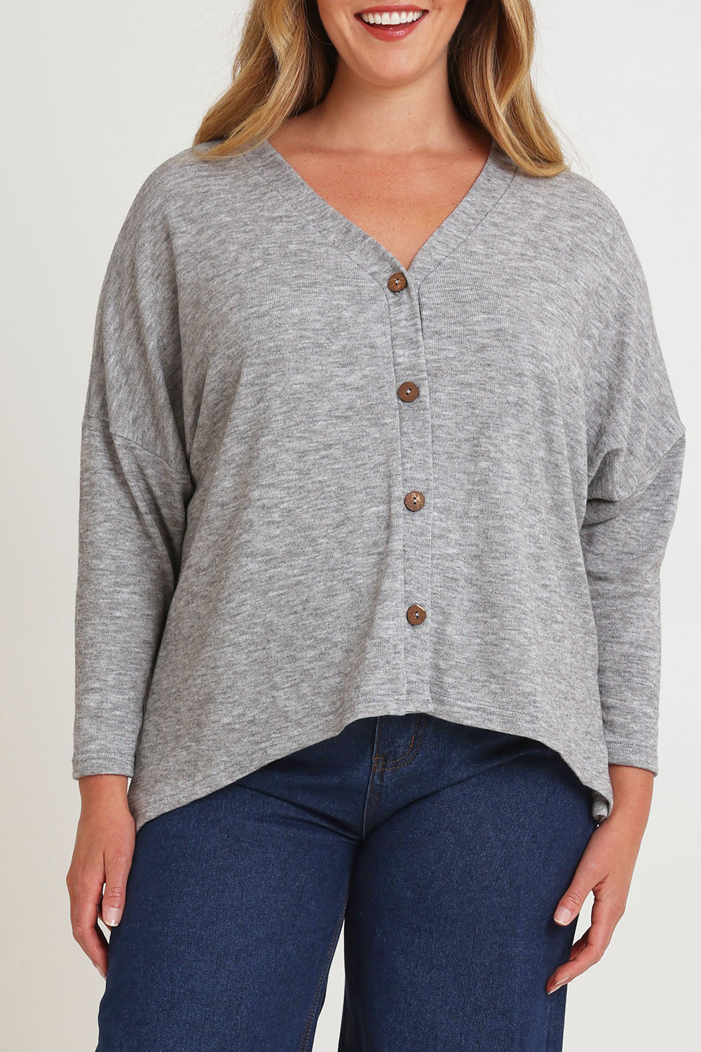 Model Chanel wearing size 16 of the My Boyfriends Slouch Cardi in colour Marlgrey (Grey), from the front, cropped image
