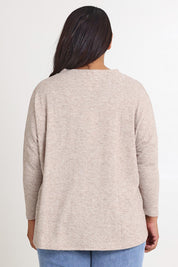 Model Ashleigh wearing size 16 of the My Boyfriends Slouch Cardi in colour Sandmarl, from the back