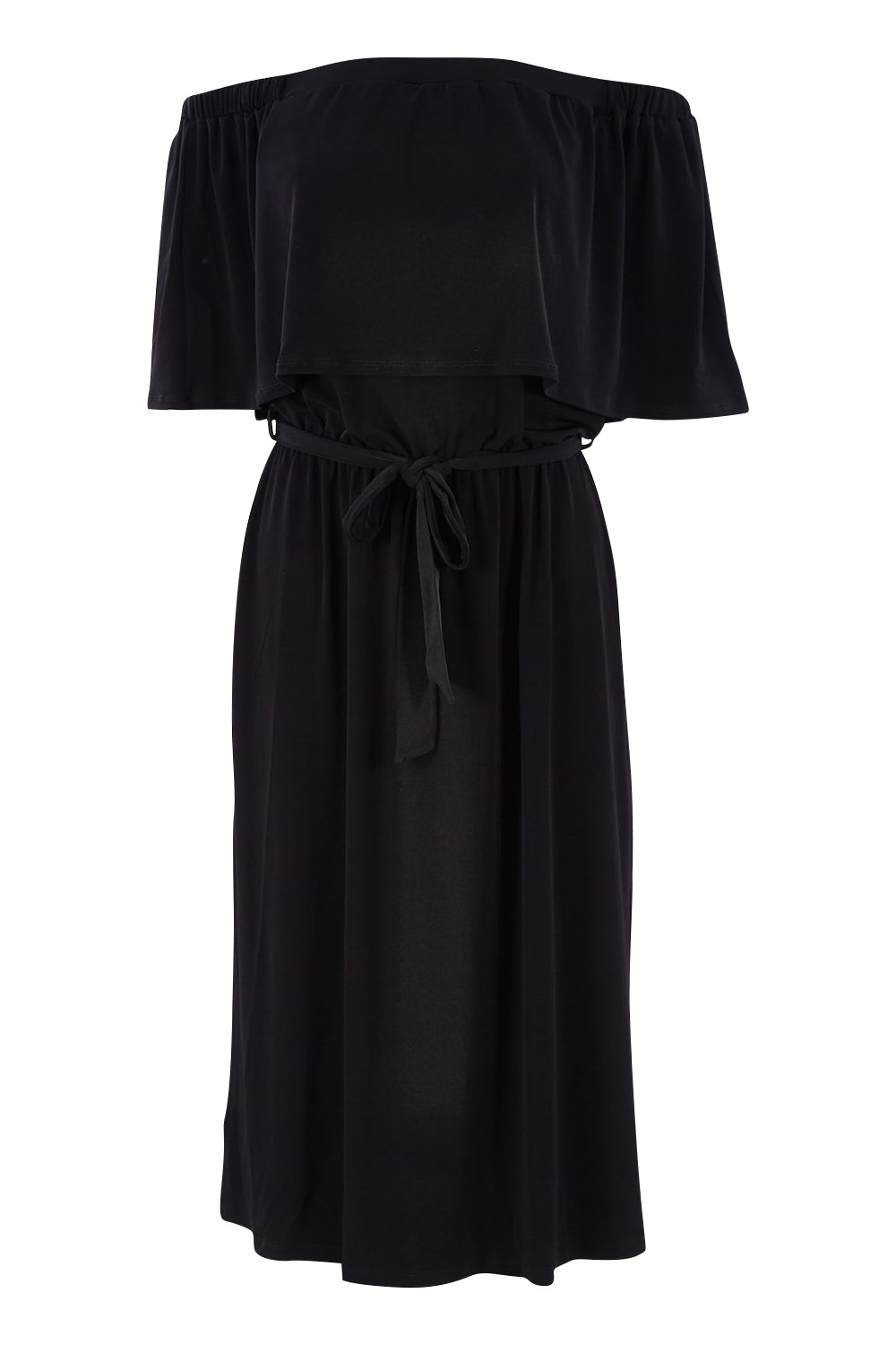 Product shot of The Wanderer In Me Off Shoulder Travel Dress in colour Black (Black), from the front