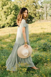 Model Ilona wearing size 10 of the Easy Tiers Maxi Dress in colour Seaspray (Green), from the front, showing the whole outfit