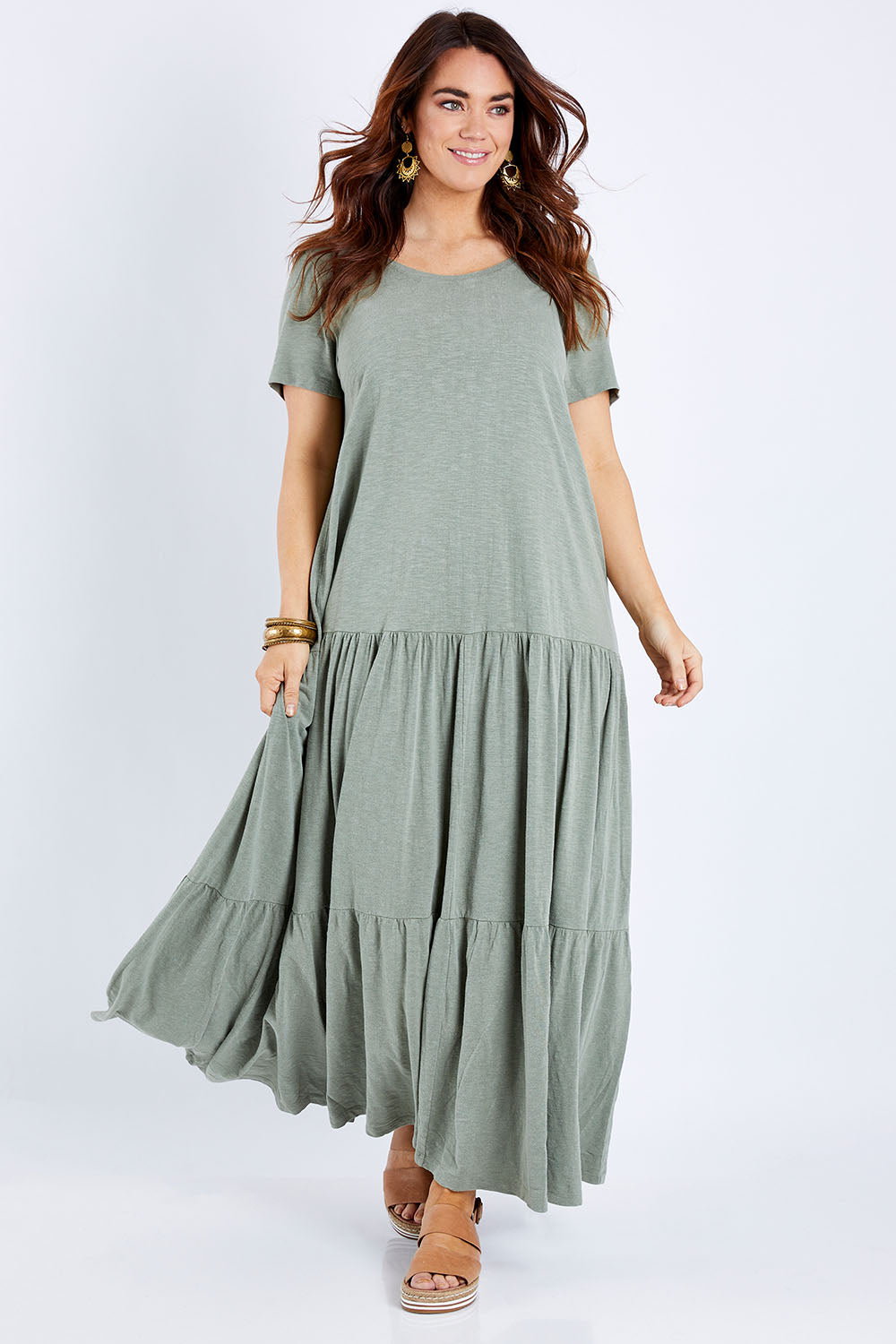 Model Laura wearing size 14 of the Easy Tiers Maxi Dress in colour Seaspray (Green), from the front, showing the whole outfit