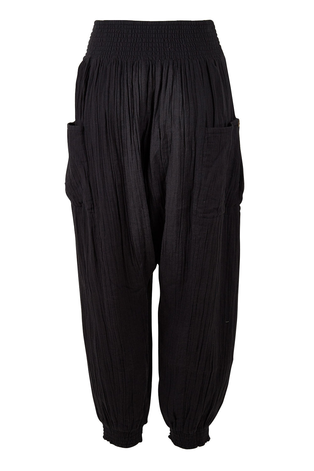 Product shot of the Beach Breeze Cotton Slouch Pants in colour Black (Black), from the back