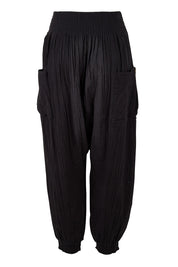 Product shot of the Beach Breeze Cotton Slouch Pants in colour Black (Black), from the back