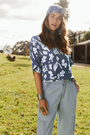 Model Ilona wearing size 10 of the Blue Skies Ahead Kimono Top in colour Bluewhite (Blue), from the front, showing the whole outfit