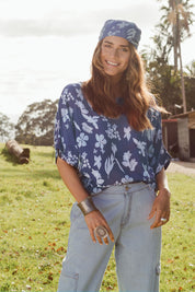 Model Ilona wearing size 10 of the Blue Skies Ahead Kimono Top in colour Bluewhite (Blue), from the front, showing the whole outfit