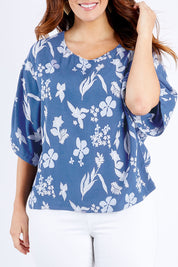 Model Laura wearing size 14 of the Blue Skies Ahead Kimono Top in colour Bluewhite (Blue), from the front, cropped image