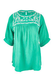 Product shot of the Secret Garden Cotton Blouse in colour Emerald (Green), from the front