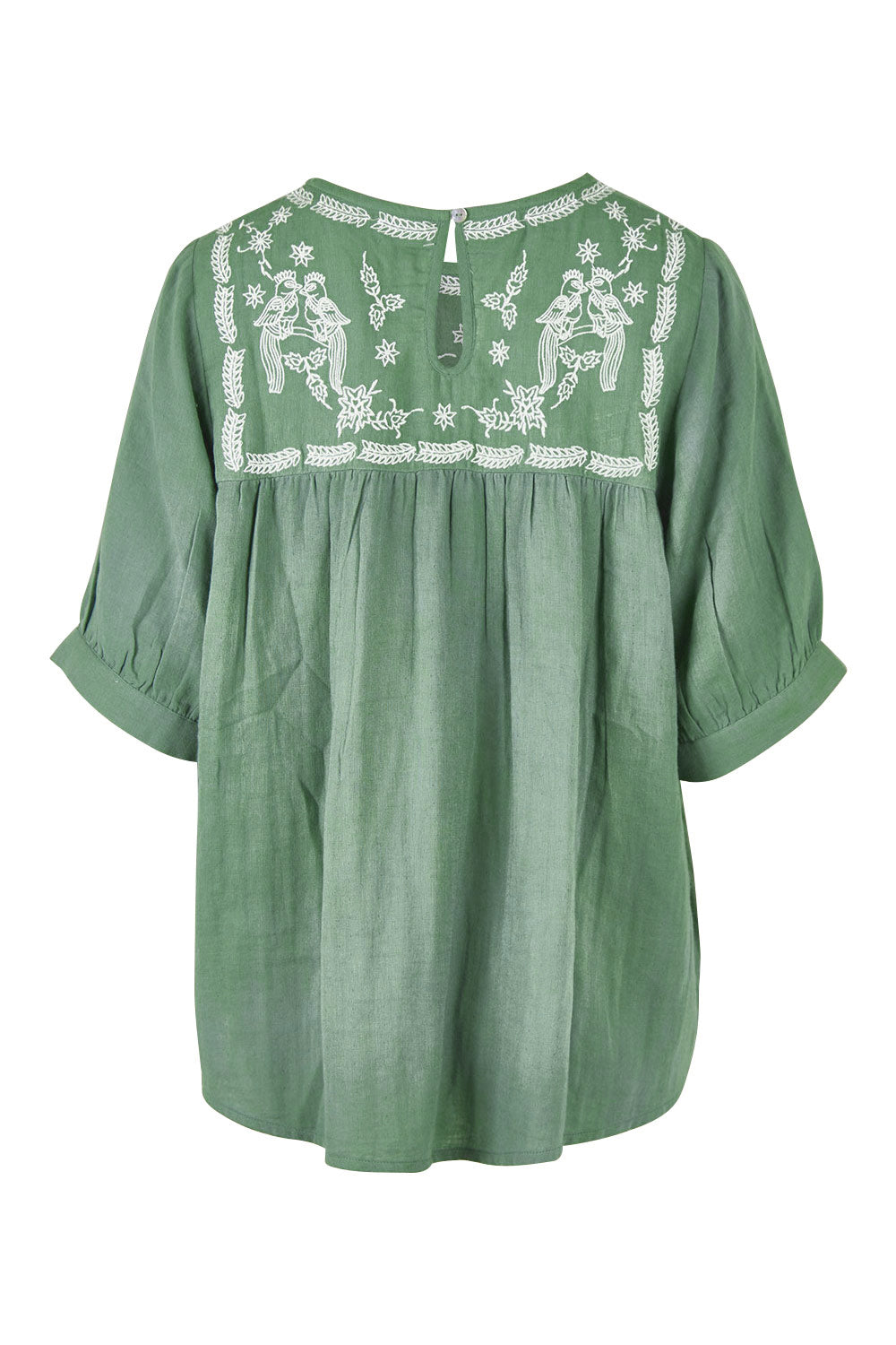 Product shot of the Secret Garden Cotton Blouse - Olive in colour Olive, from the back