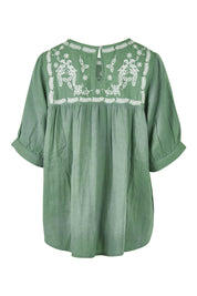 Product shot of the Secret Garden Cotton Blouse - Olive in colour Olive, from the back