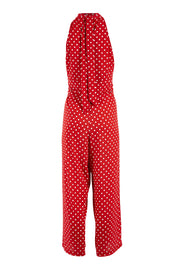 Product shot of the Lets Get Festive Jumpsuit in colour Redspot (Red), from the back