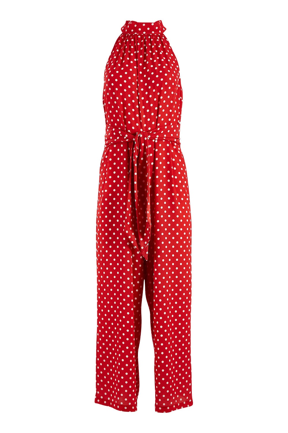 Product shot of the Lets Get Festive Jumpsuit in colour Redspot (Red), from the front