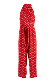Product shot of the Lets Get Festive Jumpsuit in colour Redspot (Red), from the front