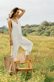 Model Ilona wearing size 10 of the Summer Breeze Jumpsuit in colour White (White), from the front, showing the whole outfit
