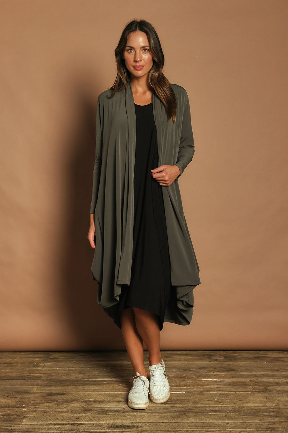 Model Madeline wearing size 10 of The Wanderer In Me Travel Dress in colour Black (Black), from the front, showing the whole outfit
