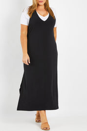 Model Fiona wearing size 16 of The Wanderer In Me T Back Maxi in colour Black (Black), from the front, cropped image