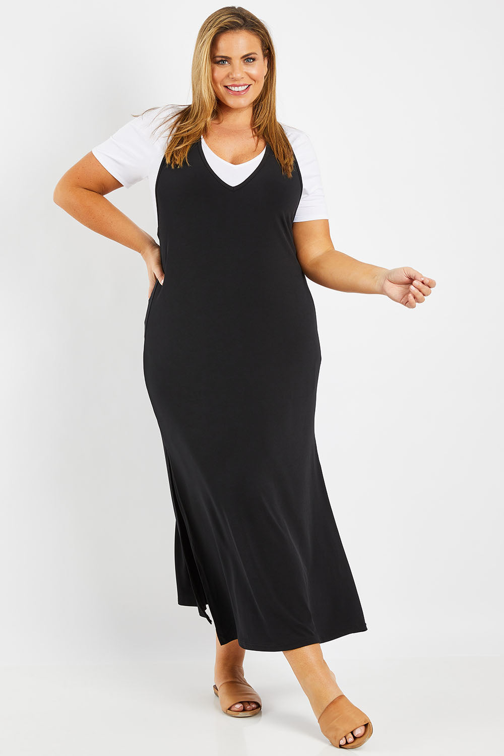Model Fiona wearing size 16 of The Wanderer In Me T Back Maxi in colour Black (Black), from the front, showing the whole outfit