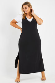 Model Fiona wearing size 16 of The Wanderer In Me T Back Maxi in colour Black (Black), from the front, showing the whole outfit