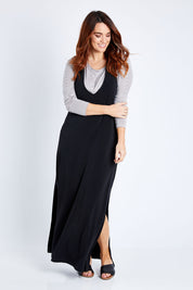 Model Laura wearing size 14 of The Wanderer In Me T Back Maxi in colour Black (Black), from the front, showing the whole outfit