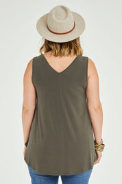 Model Jess wearing size 14 of The Wanderer In Me V Neck Travel Singlet in colour Khaki (Green), from the back