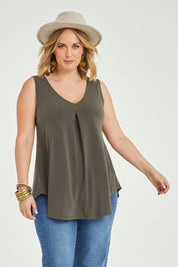 Model Jess wearing size 14 of The Wanderer In Me V Neck Travel Singlet in colour Khaki (Green), from the front, cropped image
