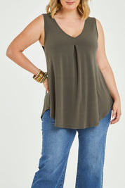 Model Jess wearing size 14 of The Wanderer In Me V Neck Travel Singlet in colour Khaki (Green), from the front, cropped image