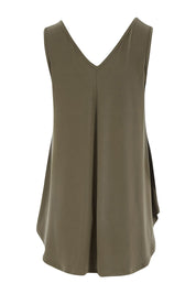 Product shot of The Wanderer In Me V Neck Travel Singlet in colour Khaki (Green), from the back
