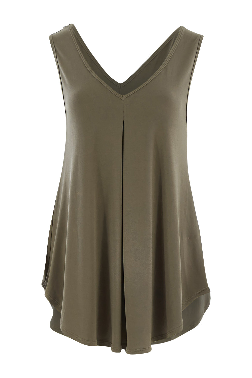 Product shot of The Wanderer In Me V Neck Travel Singlet in colour Khaki (Green), from the front