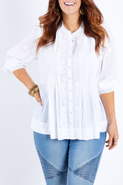 Model Laura wearing size 14 of the With All My Heart Embroidered Blouse in colour White (White), from the front, cropped image