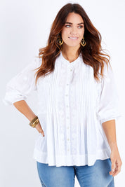 Model Laura wearing size 14 of the With All My Heart Embroidered Blouse in colour White (White), from the front, cropped image
