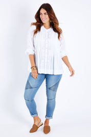 Model Laura wearing size 14 of the With All My Heart Embroidered Blouse in colour White (White), from the front, showing the whole outfit