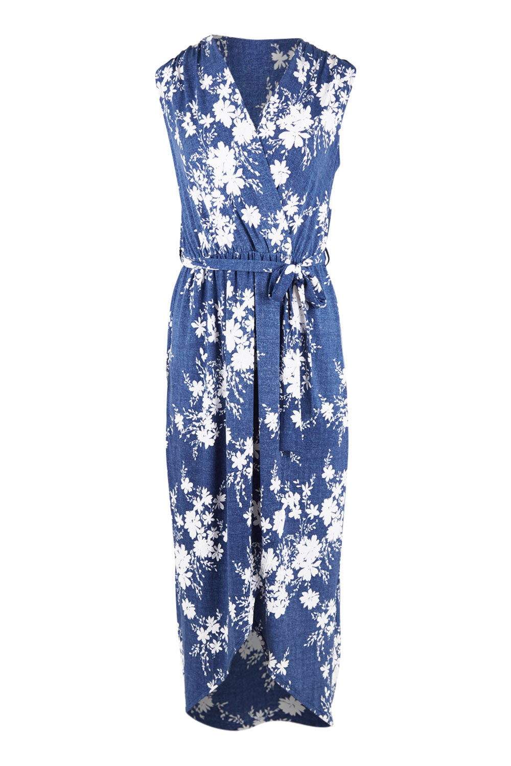 Product shot of the Freedom Faux Wrap Dress in colour Denim (Blue), from the front