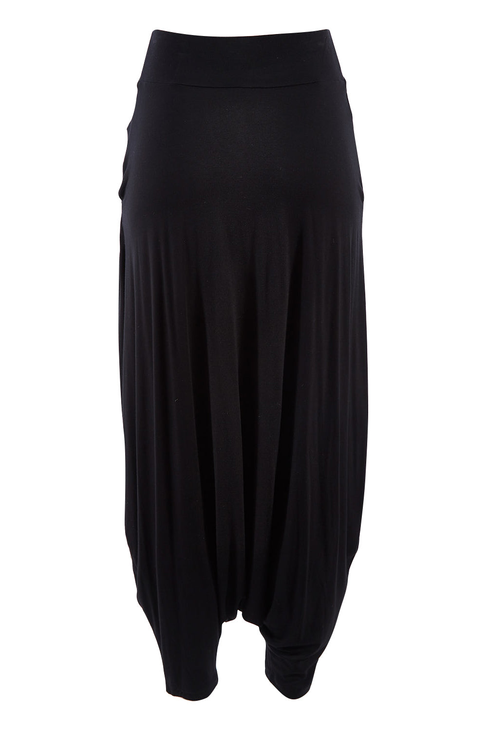 Product shot of the Softly Swinging Bamboo Harem Pants in colour Black (Black), from the back