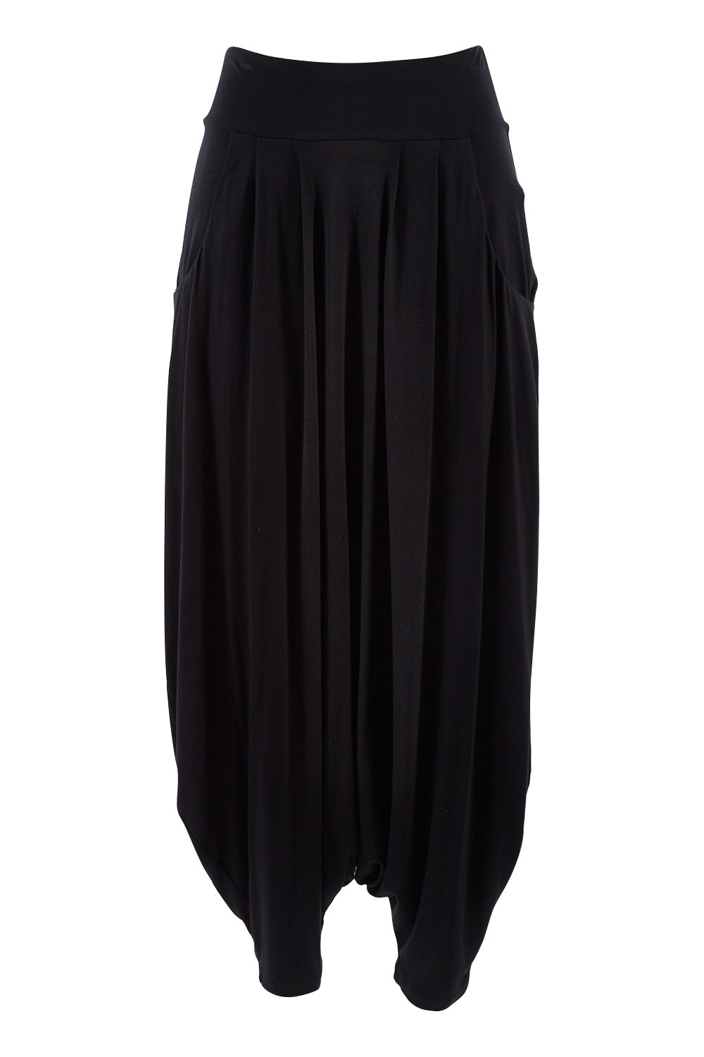 Product shot of the Softly Swinging Bamboo Harem Pants in colour Black (Black), from the front
