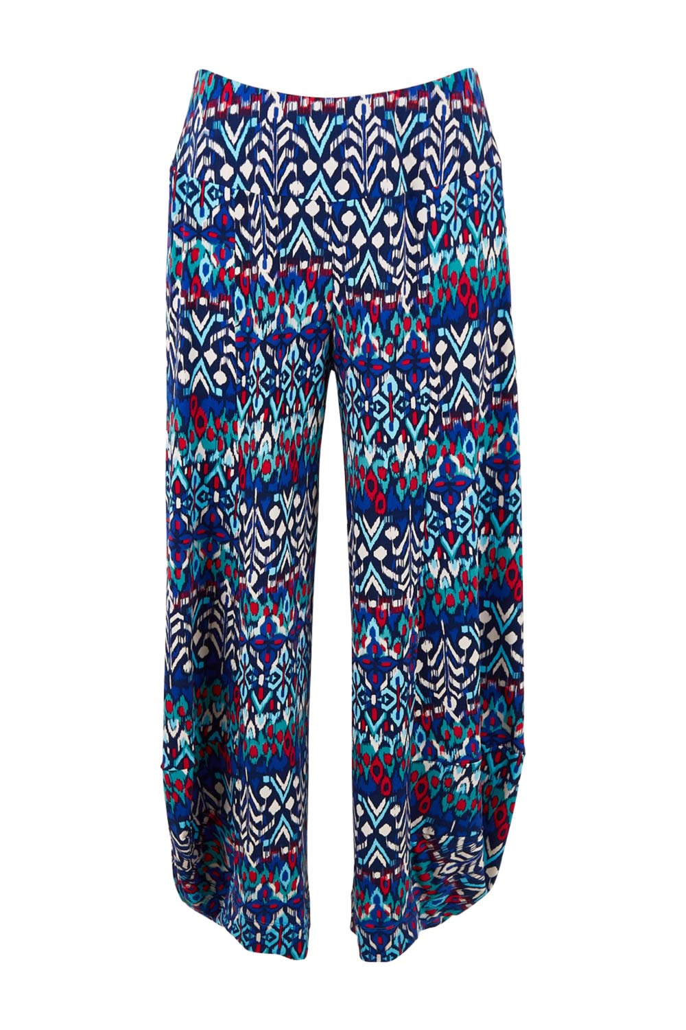 Product shot of the Good Vibes Balloon Hem Pants in colour Aztec (Blue), from the front